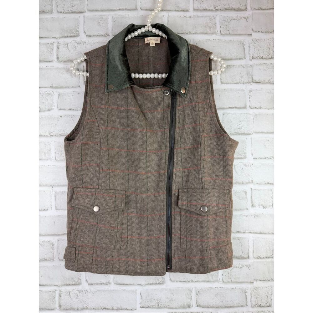 Hem & Thread Wool Plaid Vest Contrast Collar Greens Grannycore